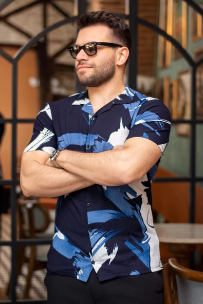 Erkek Mavi Beyaz Desen Esnek Bürümcük Regular Fit Kısa Kol Gömlek 25EGMLGIMM - 4