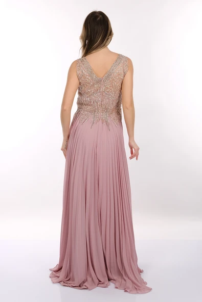 Favore Kolsuz Yuvarlak Yaka Maxi Plise Abiye Elbise - Özel Günler İçin - Resim 5