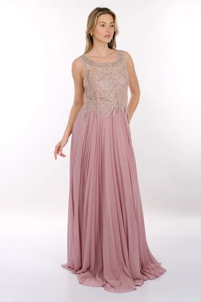 Favore Kolsuz Yuvarlak Yaka Maxi Plise Abiye Elbise - Özel Günler İçin - Resim 3