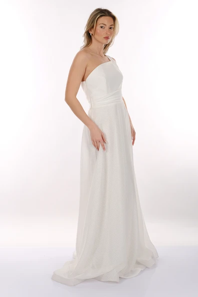 Dori Tek Omuz Kendinden Desenli Maxi Boy Kadın Abiye Elbise 2246026 - 9