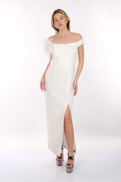 DORİDORCA Kayık Yaka Düşük Kol Yırtmaçlı Saten Kumaş Maxi Boy Kadın Abiye Elbise 2246040 - Resim 9