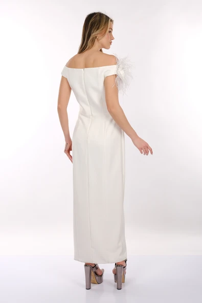 DORİDORCA Kayık Yaka Düşük Kol Yırtmaçlı Saten Kumaş Maxi Boy Kadın Abiye Elbise 2246040 - Resim 8