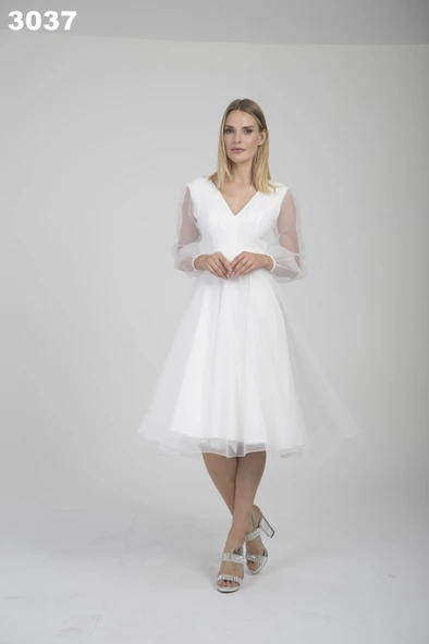 DORİDORCA Kadın V Yaka Tül Detaylı Uzun Kollu Abiye Elbise 22243037 - Resim 2