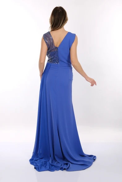 Favore V Yaka Asimetrik Maxi Abiye Elbise - Özel Günler İçin - Resim 8