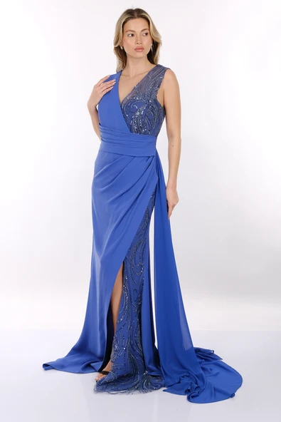 Favore V Yaka Asimetrik Maxi Abiye Elbise - Özel Günler İçin - Resim 4