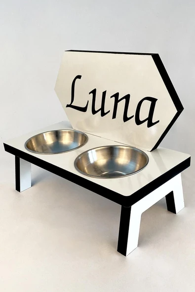 Ahşap Özel Isim Baskılı Kedi Köpek Mama Su Kabı Standı Metal Suluk Mamalık Çelik Kaseli Evcil Hayvan