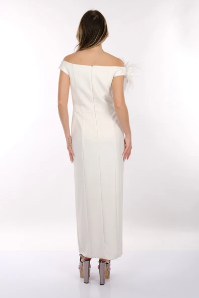 DORİDORCA Kayık Yaka Düşük Kol Yırtmaçlı Saten Kumaş Maxi Boy Kadın Abiye Elbise 2246040 - Resim 10