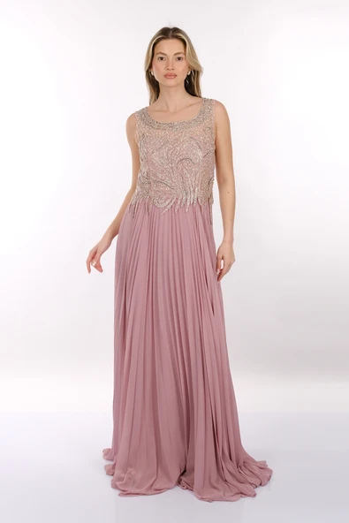 Favore Kolsuz Yuvarlak Yaka Maxi Plise Abiye Elbise - Özel Günler İçin - Resim 2