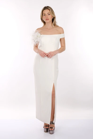 DORİDORCA Kayık Yaka Düşük Kol Yırtmaçlı Saten Kumaş Maxi Boy Kadın Abiye Elbise 2246040 - Resim 5