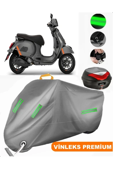 MotoEN  Vinleks Gri Vespa GTS 300 Supertech Arka Çanta Uyumlu Motosiklet Brandası (Kilit Uyumlu)