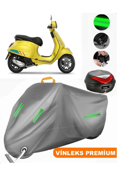 MotoEN  Vinleks Gri Vespa Primavera 150 S Arka Çanta Uyumlu Motosiklet Brandası (Kilit Uyumlu) ürün görseli