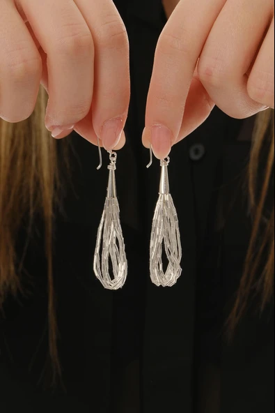 Gümüş özel tasarımlı modern görünümlü 14 sıra likit küpe SGTL12809GUMUS - Resim 3