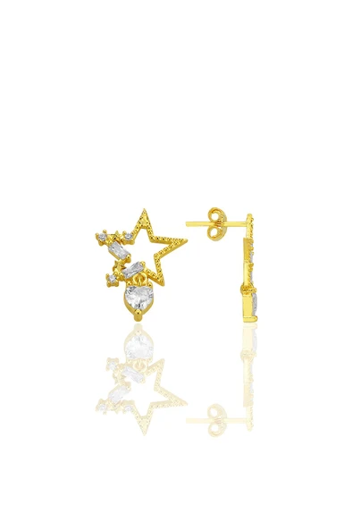 Gümüş altın yaldızlı baget kesim zirkon taşlı kalp sallantılı yıldız küpe SGTL12771GOLD