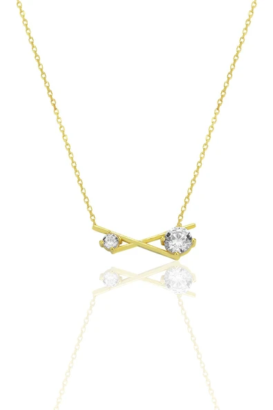 Gümüş altın yaldızlı zirkon taşlı modern çapraz kolye SGTL12794GOLD ürün görseli