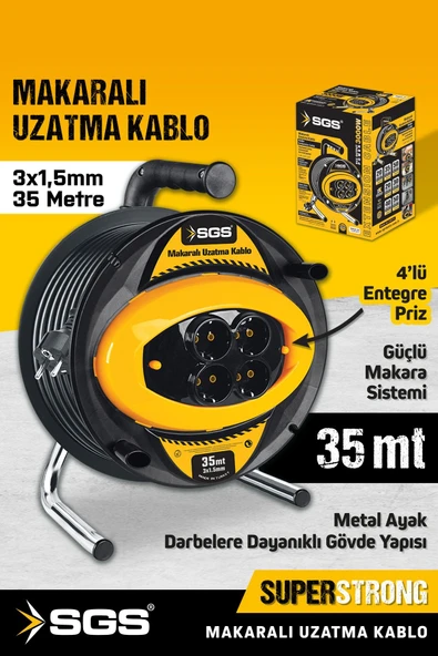 SGS2131 3x1,5mm 35 Metre Makaralı Uzatma Kablo Metal Ayaklı 4 Lü Priz ürün görseli