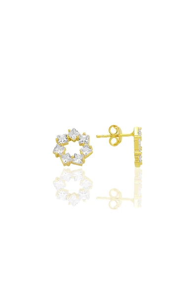 Gümüş altın yaldızlı baget kesim zirkon taşlı yıldız çiçeği  küpe SGTL12774GOLD