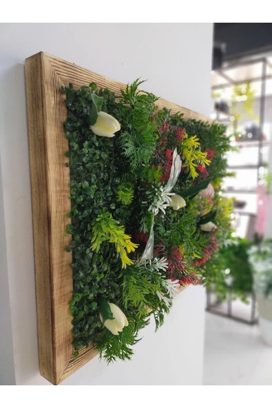 DDTREND Ahşap Çerçeveli Yapay Çİçek Duvar Paneli Şimşir Dikey Bahçe Aranjman 48-68 Cm MODEL:2 - 5