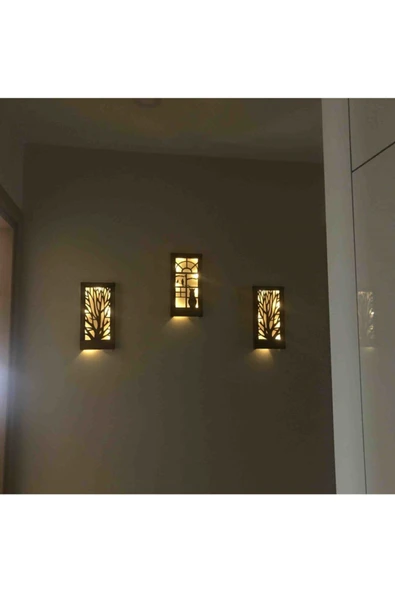 DDTREND 3 Lü Set Peri Ledli Pilli Ağaç Kedi Kuş Desenli Hediyelik Ahşap Tablo, 18x36 Cm Gece Lambası - 6