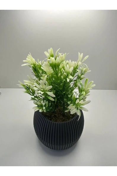 DDPEST Gri Saksı Yeşil Beyaz Afrika Zambağı Yapay Bitki Taş Yosunlu 18 Cm Dekoratif Masa Çiçeği No:1-DS - Resim 5