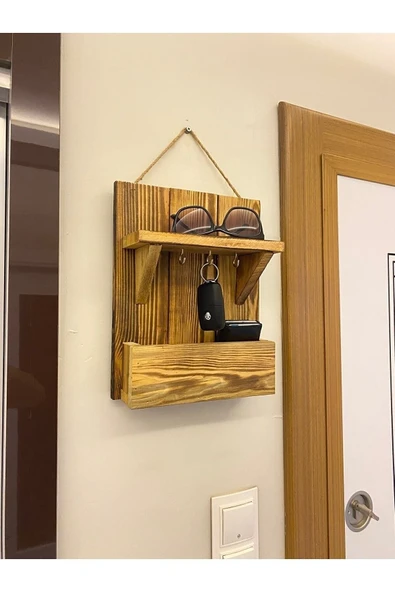 DDTREND Dekoratif Ahşap El Yapımı Antre Hol Anahtar Askısı . Kapı Önü Anahtarlık Çok Amaçlı Raflı Askılık