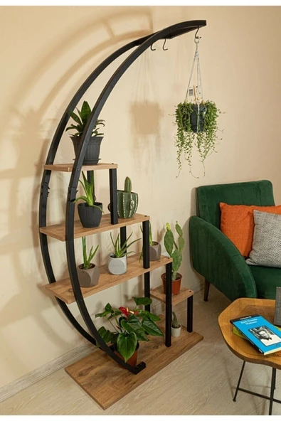 DDTREND Dekoratif Siyah Metal Ayaklı Askılı Ahşap Çiçeklik Lüx Raf Saksılık - 4