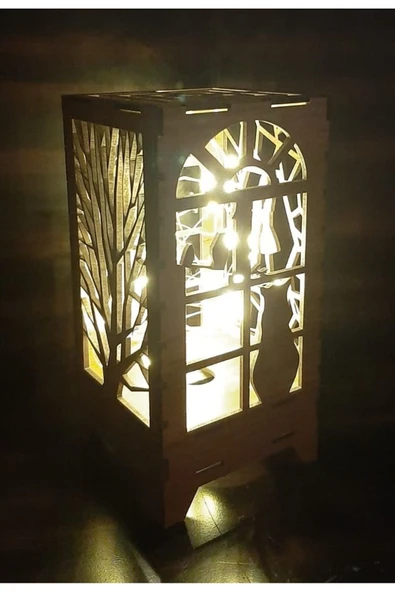 DDPEST Ahşap Abajur Dekoratif Masa Süsü Pilli Peri Ledli  Lamba Hediyelik Kedi , Ağaç Desenli 20-10cm - 3