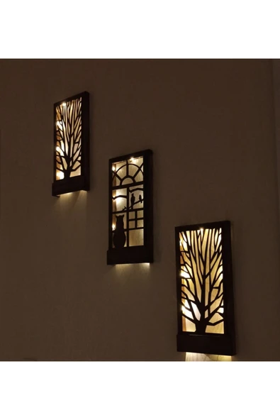 DDTREND Peri Led Li Pilli Ağaç Kedi Kuş Desenli Hediyelik Ahşap Tablo, 18x36 Cm 3 Lü Set Gece Lambası - 3