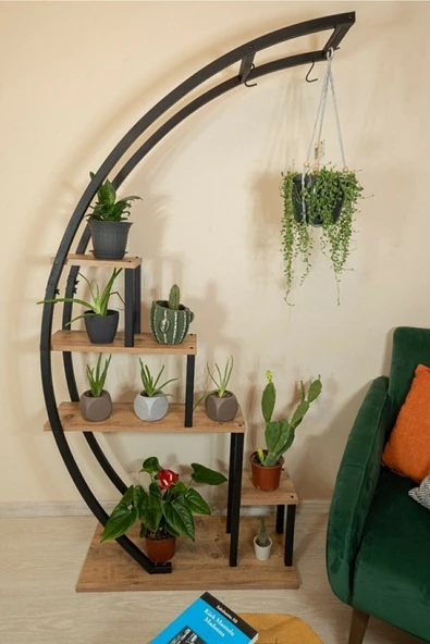 DDTREND Dekoratif Siyah Metal Ayaklı Askılı Ahşap Çiçeklik Lüx Raf Saksılık