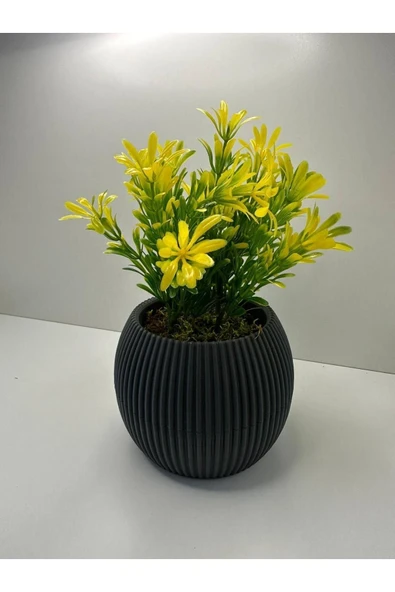 DDPEST Gri Saksı Sarı Afrika Zambağı Yapay Bitki Gerçek Taş Yosunlu 18 Cm Dekoratif Masa Çiçeği No:1-DS