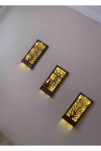 DDPEST Peri Led Li Pilli Ağaç Kedi Kuş Desenli Hediyelik Ahşap Tablo, 18x36 Cm 3 Lü Set Gece Lambası-DS - 5