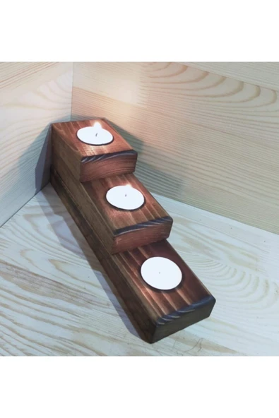 DDTREND Dekoratif Doğal Ahşap 3 Lü Set Mumluk Oyma Şamdan Tealight Mumlar Ile