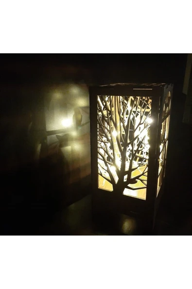 DDPEST Ahşap Abajur Dekoratif Masa Süsü Pilli Peri Ledli  Lamba Hediyelik Kedi , Ağaç Desenli 20-10cm - 2