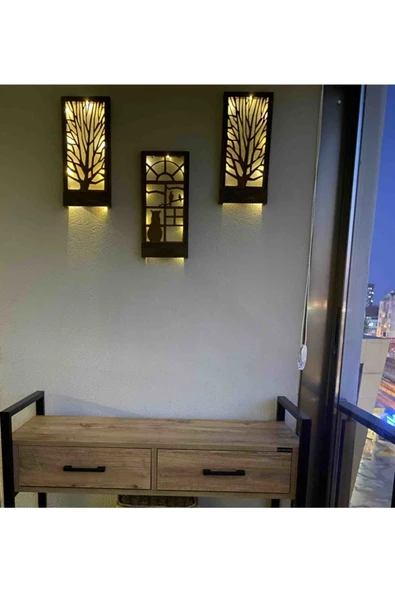 DDTREND Peri Led Li Pilli Ağaç Kedi Kuş Desenli Hediyelik Ahşap Tablo, 18x36 Cm 3 Lü Set Gece Lambası - 2