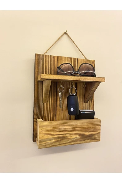 DDPEST Dekoratif Ahşap El Yapımı Antre Hol Anahtar Askısı . Kapı Önü Anahtarlık Çok Amaçlı Raflı Askılık - 2