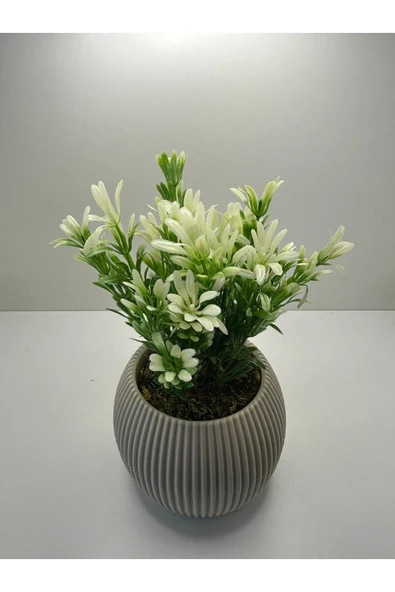 DDPEST Bej Saksı Yeşil Beyaz Afrika Zambağı Yapay Bitki Taş Yosunlu 18 Cm Dekoratif Masa Çiçeği No:1-DS - Resim 2
