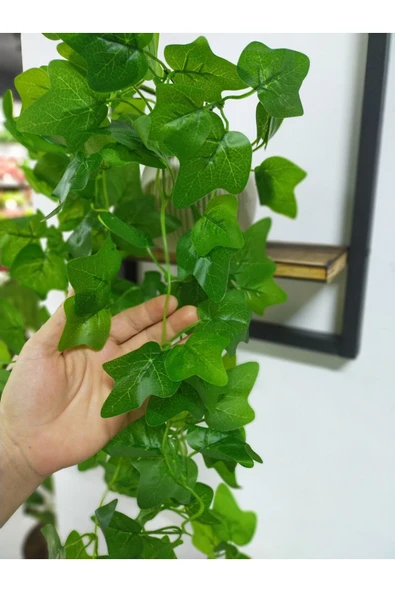 DDTREND Ahşap Çerçeve Raflı Saksıda Sarkan Yeşil Hadera Yaprağı 5 Dal Sarmaşık Yapay Çiçek - 3