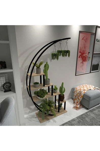 DDTREND Dekoratif Siyah Metal Ayaklı Askılı Ahşap Çiçeklik Lüx Raf Saksılık - 3