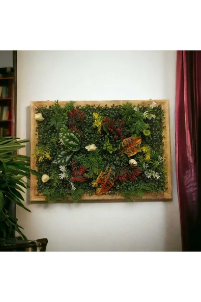 DDTREND Ahşap Çerçeveli Yapay Çİçek Duvar Paneli Şimşir Dikey Bahçe Aranjman 48-68 Cm MODEL:2 - 4