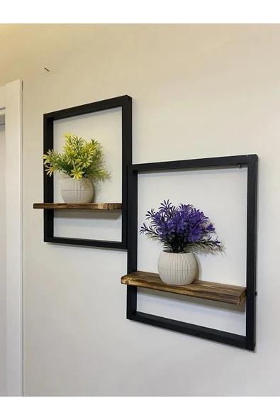DDTREND 2' Li Dekoratif Siyah Ahşap Çerçeveli Raf Çiçeklik, Duvar Saksılığı - 3