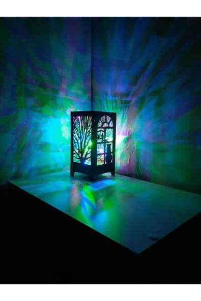 DDTREND Özel Tasarım Ahşap Abajur Masa Lambası Pilli Gece Lambası Renkli Rgb Peri Led Kedi Desenli Hediyelik - 5