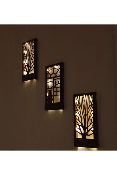 DDPEST Peri Led Li Pilli Ağaç Kedi Kuş Desenli Hediyelik Ahşap Tablo, 18x36 Cm 3 Lü Set Gece Lambası-DS - 3