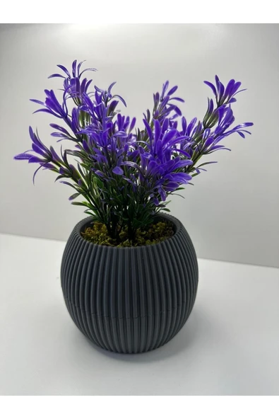 DDPEST Gri Saksı Mor Afrika Zambağı Yapay Bitki Gerçek Taş Yosunlu 18 Cm Dekoratif Masa Çiçeği No:1-DS - Resim 3