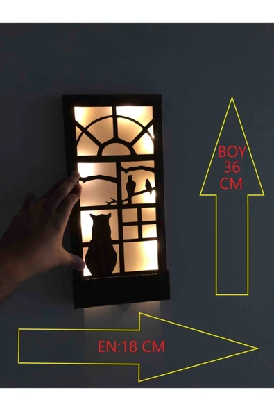 DDPEST Peri Led Li Pilli Ağaç Kedi Kuş Desenli Hediyelik Ahşap Tablo, 18x36 Cm 3 Lü Set Gece Lambası-DS - 4
