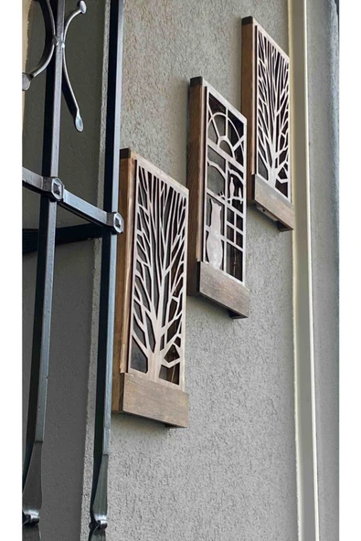 DDTREND 3 Lü Set Peri Ledli Pilli Ağaç Kedi Kuş Desenli Hediyelik Ahşap Tablo, 18x36 Cm Gece Lambası - 4