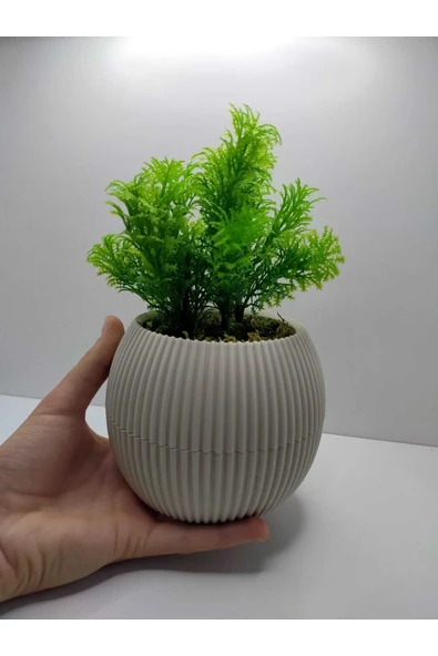 DDPEST Bej Oval Saksı Çim Yeşili Yapay Çiçek Bitki , Gerçek Taş Yosunlu Banyo Mutfak Masa Çiçeği No:1-DS