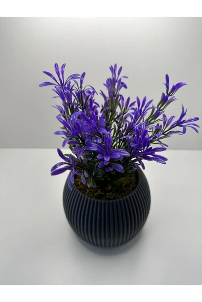 DDPEST Gri Saksı Mor Afrika Zambağı Yapay Bitki Gerçek Taş Yosunlu 18 Cm Dekoratif Masa Çiçeği No:1-DS - Resim 4