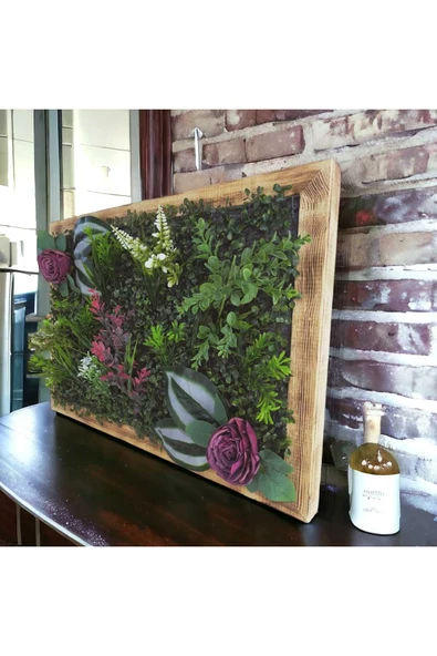 DDPEST Ahşap Çerçeveli Yapay Çİçek Duvar Paneli Şimşir Dikey Bahçe Aranjman 48-68 Cm MODEL:4 - 4