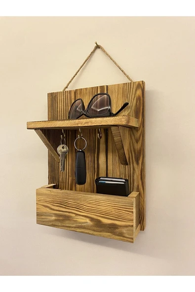 DDPEST Dekoratif Ahşap El Yapımı Antre Hol Anahtar Askısı . Kapı Önü Anahtarlık Çok Amaçlı Raflı Askılık - 3