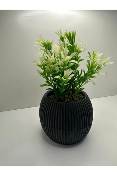 DDPEST Gri Saksı Yeşil Beyaz Afrika Zambağı Yapay Bitki Taş Yosunlu 18 Cm Dekoratif Masa Çiçeği No:1-DS - Resim 4