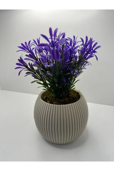 DDPEST Bej Saksı Mor Afrika Zambağı Yapay Bitki Gerçek Taş Yosunlu 18 Cm Dekoratif Masa Çiçeği No:1-DS ürün görseli 1